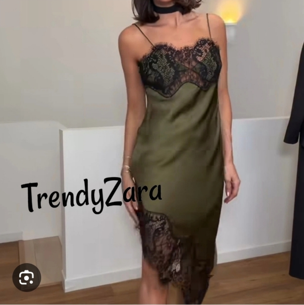 Zara Zw Collection Asymmetric Trendy Green and Black Lace Dress - Picture 8 of 16